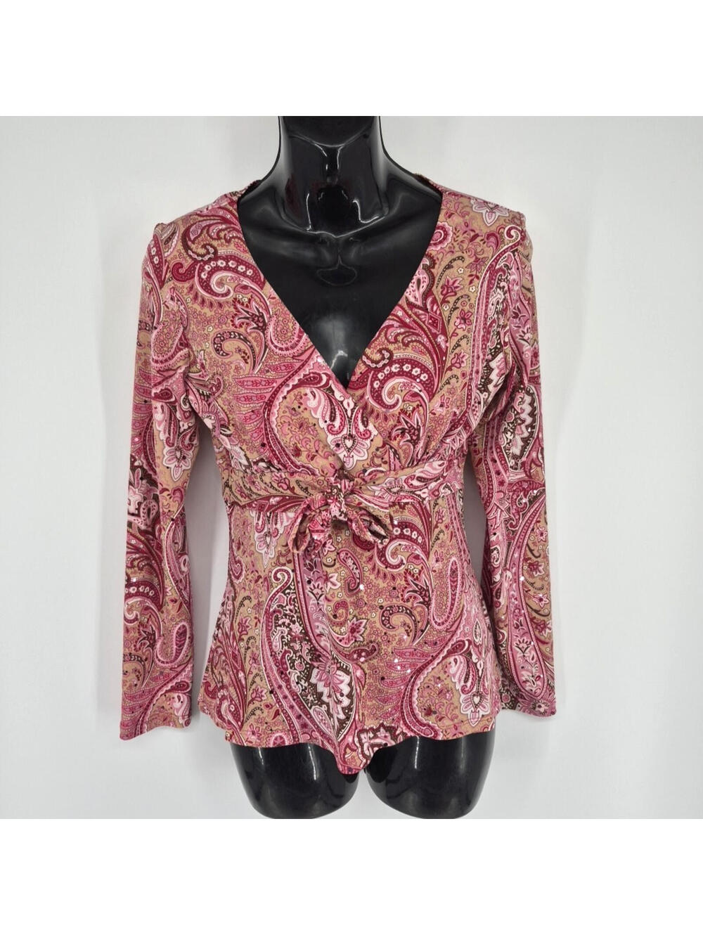 International Concepts Petites Women's S Pink Paisley Blouse Sequin Stretch Y2K